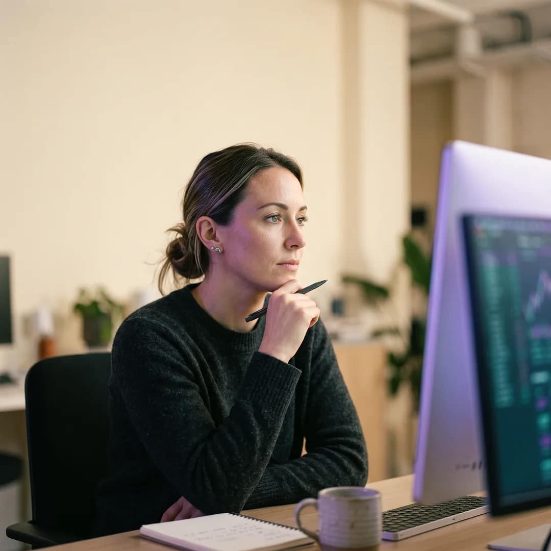 A focused analyst studying live market data on a glowing screen