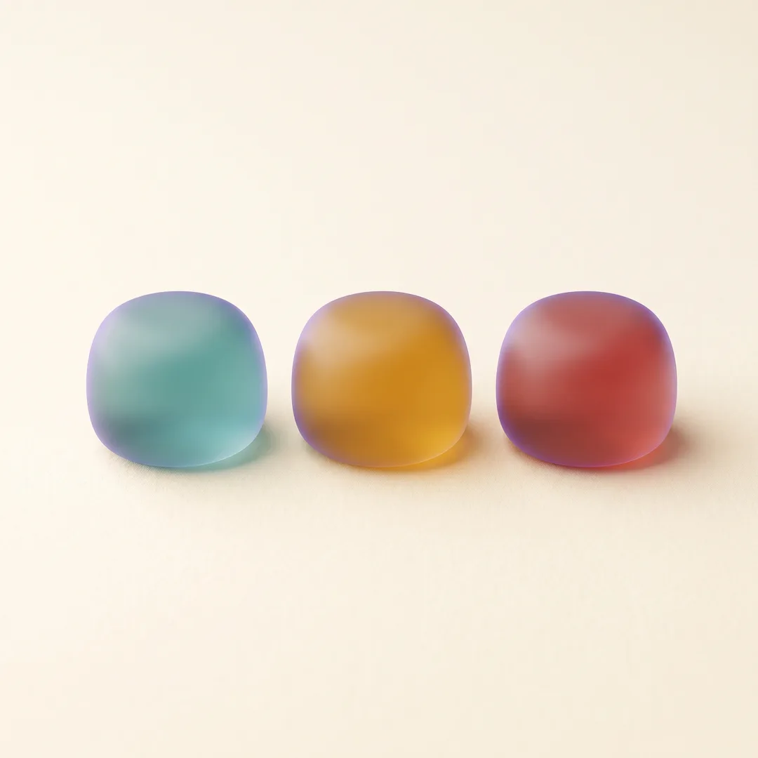 Three frosted tokens in teal, amber and red — buy, wait and sell